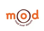 Logo of MOD (Mad Over Donuts) featuring playful typography with an orange color scheme and a circular donut graphic.