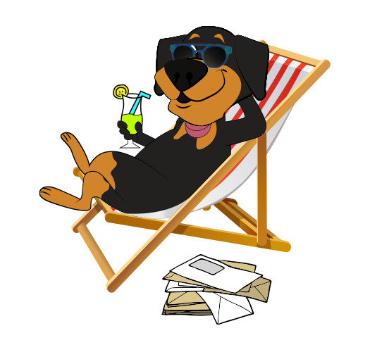 A cartoon dog in sunglasses relaxes in a deck chair, sipping a drink with letters scattered nearby, embodying a carefree summer vibe.