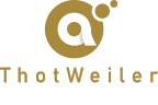 Logo of ThotWeiler, featuring a stylized a with bubbles and text stating Alpha breed of Thinkers in gold and white.