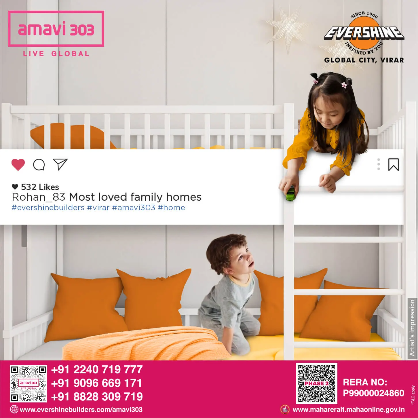 Two children play in a bright, modern room with a white bunk bed and orange cushions, showcasing a cozy family home environment.