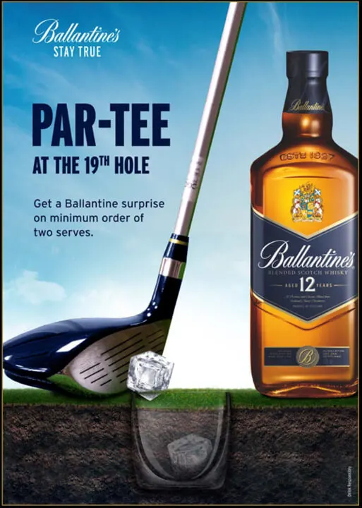 Promotional graphic for Ballantine's whisky featuring a golf club, a glass with ice, and a bottle of Ballantine’s 12 Year Old.
