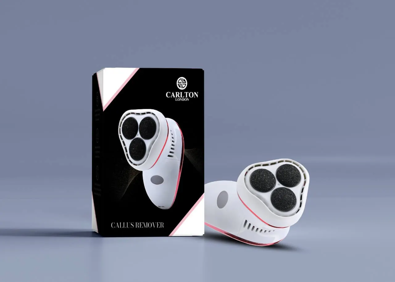 A callus remover device by Carlton London, displayed beside its sleek black packaging featuring a modern design and brand logo.