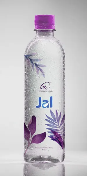 A clear, condensation-covered water bottle labeled Jal with purple leaf designs and a purple cap, set against a neutral background.