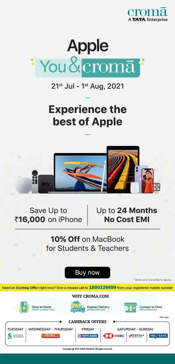 Promotional banner for Croma showcasing Apple products, with offers and discounts available from July 21 to August 1, 2021.